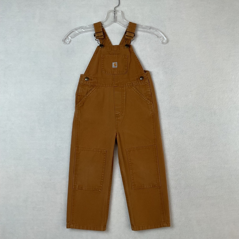 Carhartt Boys Kids Brown Canvas Bib Overalls Double Knee Workwear Size 3T
